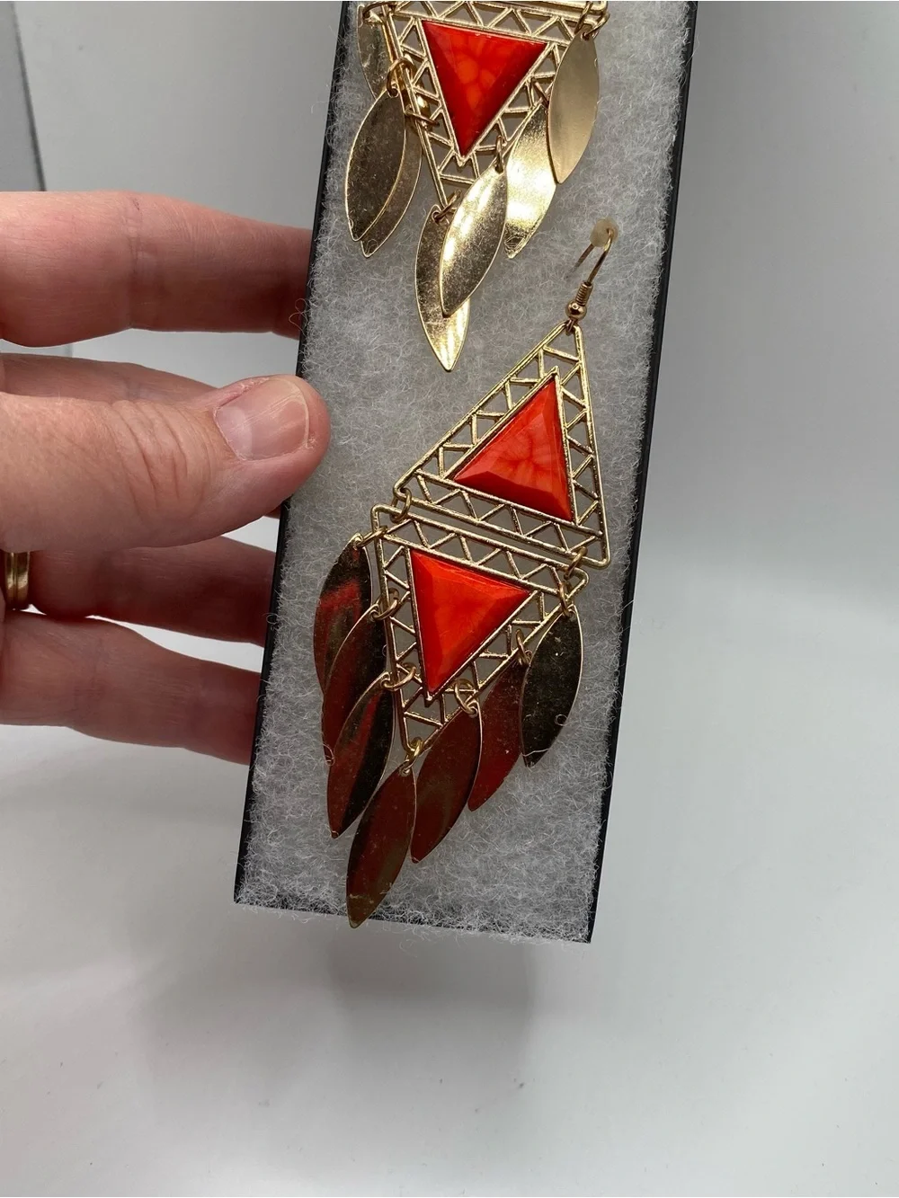Bohemian Gold-Tone Red Triangle Dangle Earrings